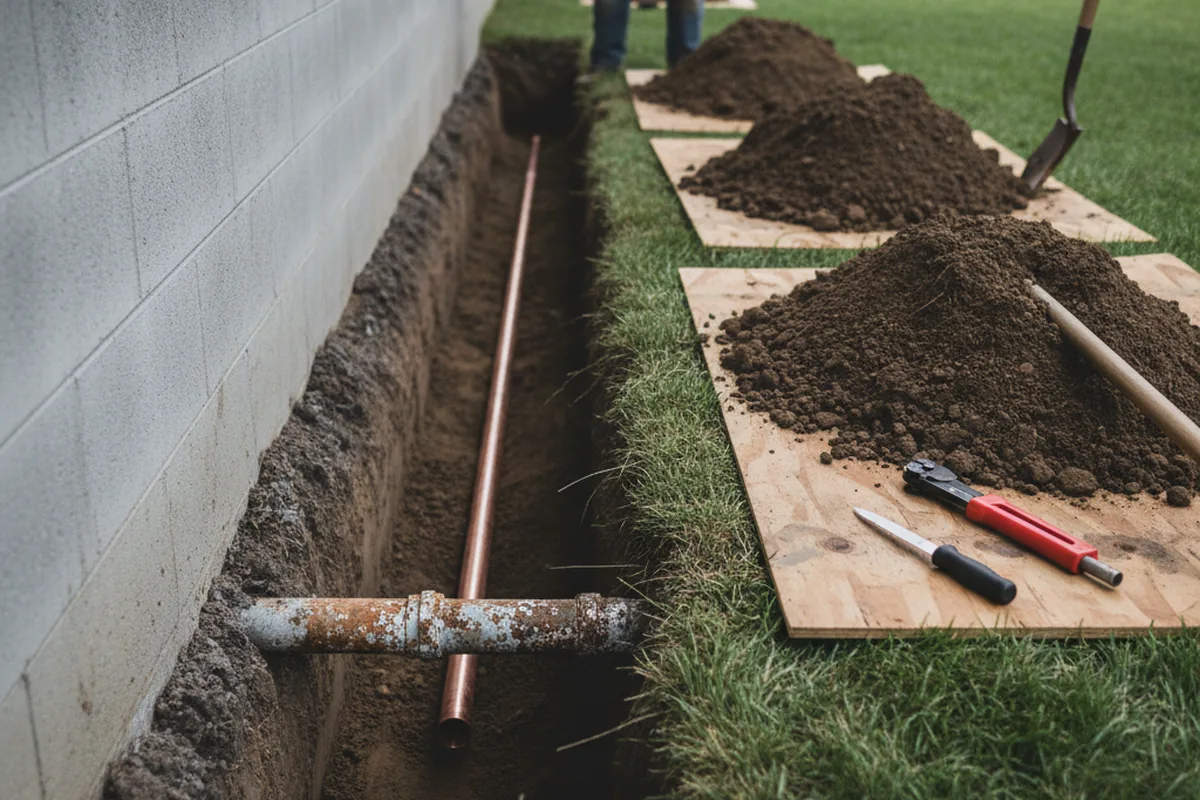 Excavated water line trench during Water Softener Installation in Norwich